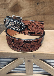 3D Flower Leather Belt - Brown