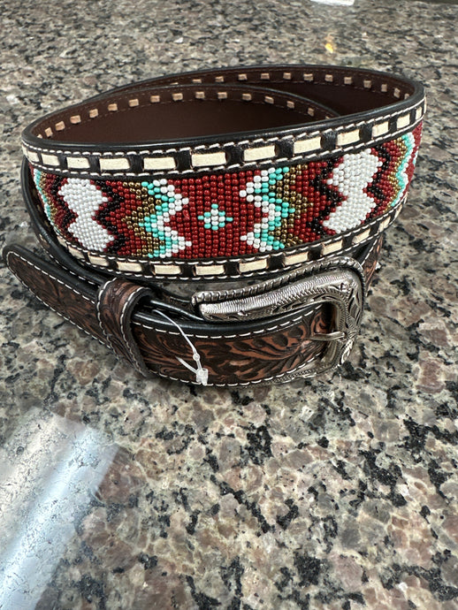Ariat Men's Tooled Floral Leather and Multi-Color Aztec Beaded Western Belt