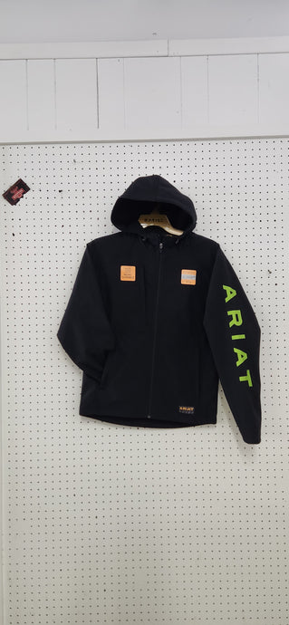 Ariat Rebar Stretch Canvas Softshell Hooded Logo Jacket Men's - Black/ Lime