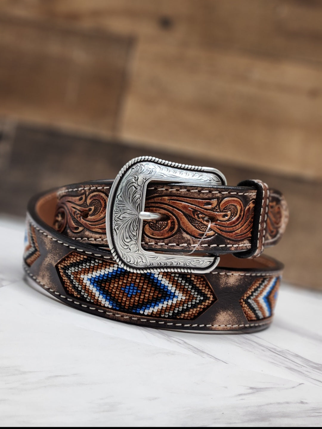 Hand Beaded Leather Belt unisex Small Blue/Black/ Brown Handmade Beaded Leather Belt: Brazilian Full Grain Leather  main image 4