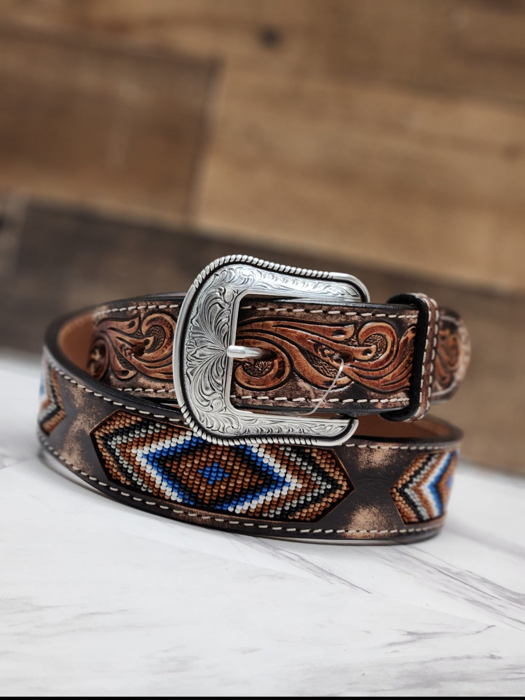 3D Men’s Beaded Belt - Brown/Blue